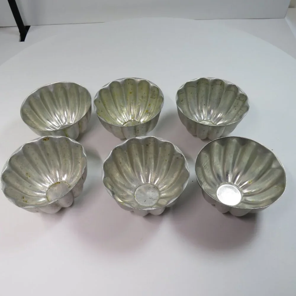 Set of 6 Vintage Aluminum Fluted Jello Molds Individual Scalloped Aspic Tins #2